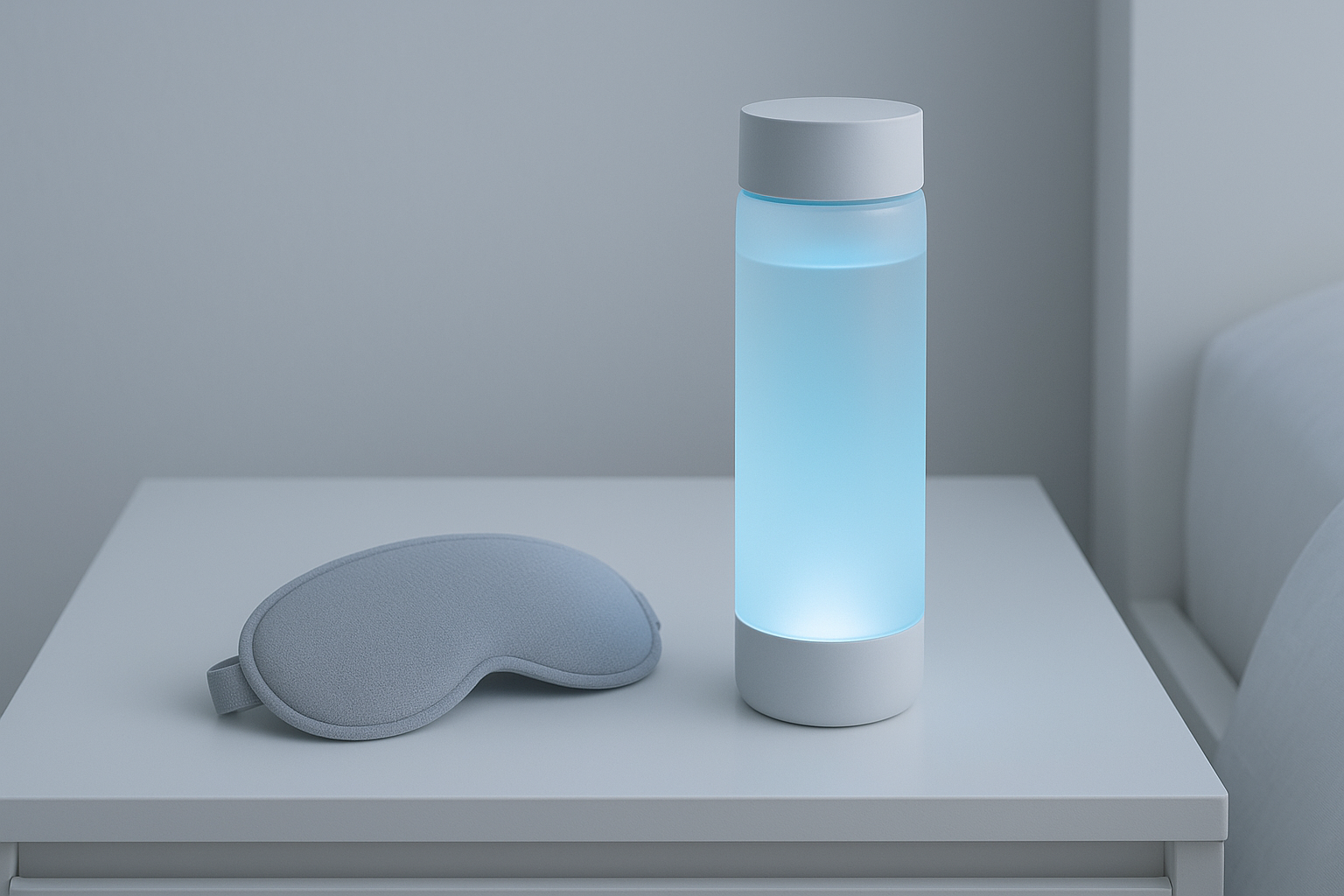 a minimal, modern desk or nightstand with a glowing smart water bottle and a sleep mask in soft light. mood: calm, futuristic wellness vibe with neutral colors(white, light grey, hints of blue)