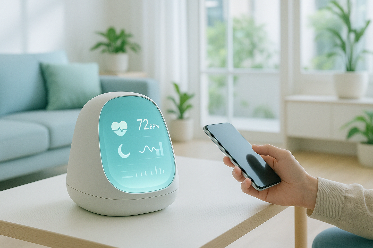  a modern, bright, minimalist living space with a sleek smart wellness device on a table. a person is subtly interating with the device using a smartphone. soft natural light, calming colors like white, blue and green, futuristic tech vibe, glowing device screen with digital health metrics, promoting wellness and modern lifestyle