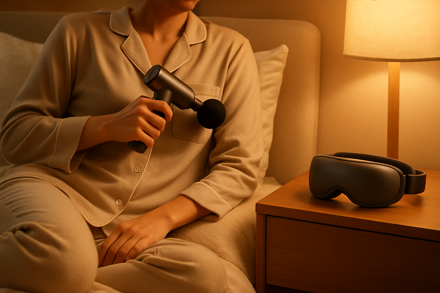 a person lounging in soft pajamas using a mini massage gun while a smart sleep mask rest nearby. Mood: cozy yet modern, warm light to suggest comfort and recovery