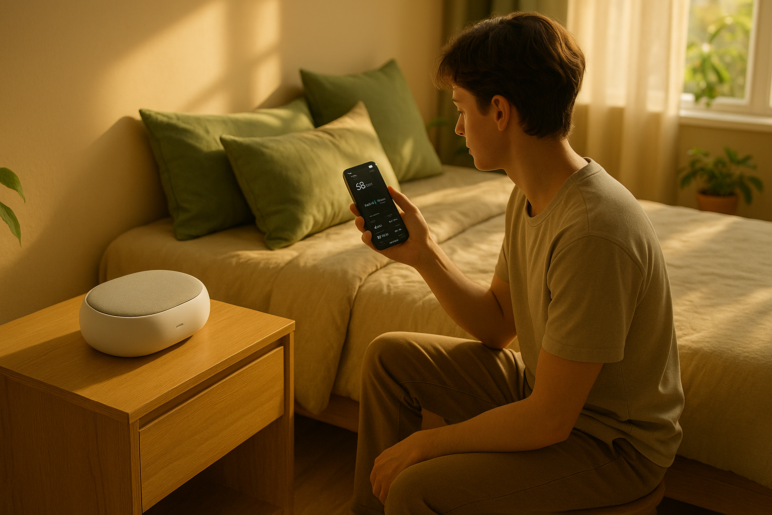a warm, sunlit bedroom where a smart wellness device rests on a wooden nightstand. a young adult sits on the edge of the bed, checking their health data on a smartphone synced to the device. calming beige and green tones, cozy yet modern aesthetic