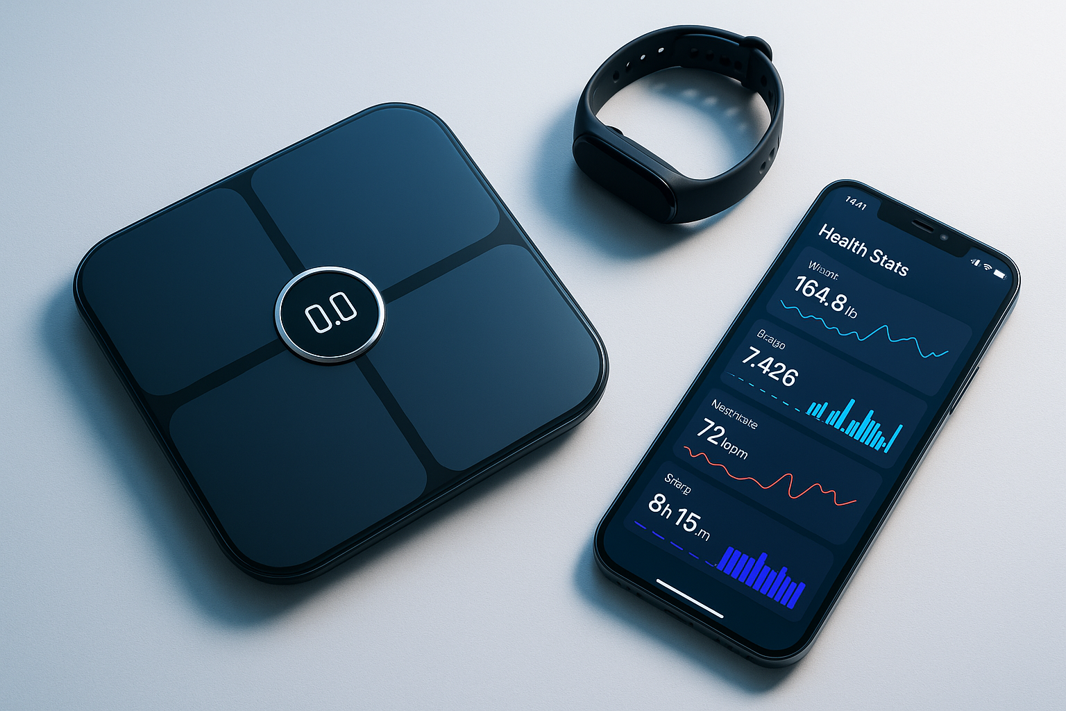 overhead shot of a smart scale and fitness band with a phone displaying health stats. mood: clean, sharp, tech oriented with cool lightening and subtle reflections